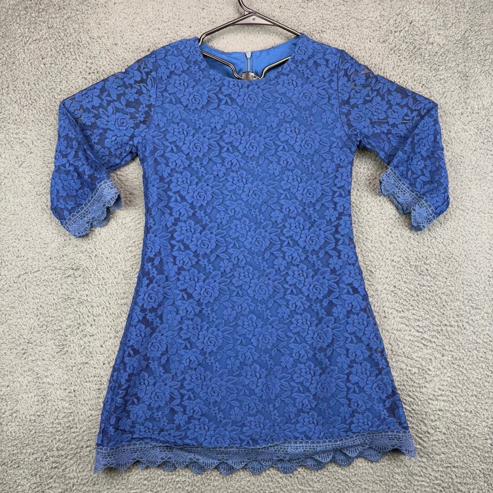 2Bunnies Girls Royal Blue Floral Lace 3/4 Sleeve Dress Size‎ 10/12 NWT